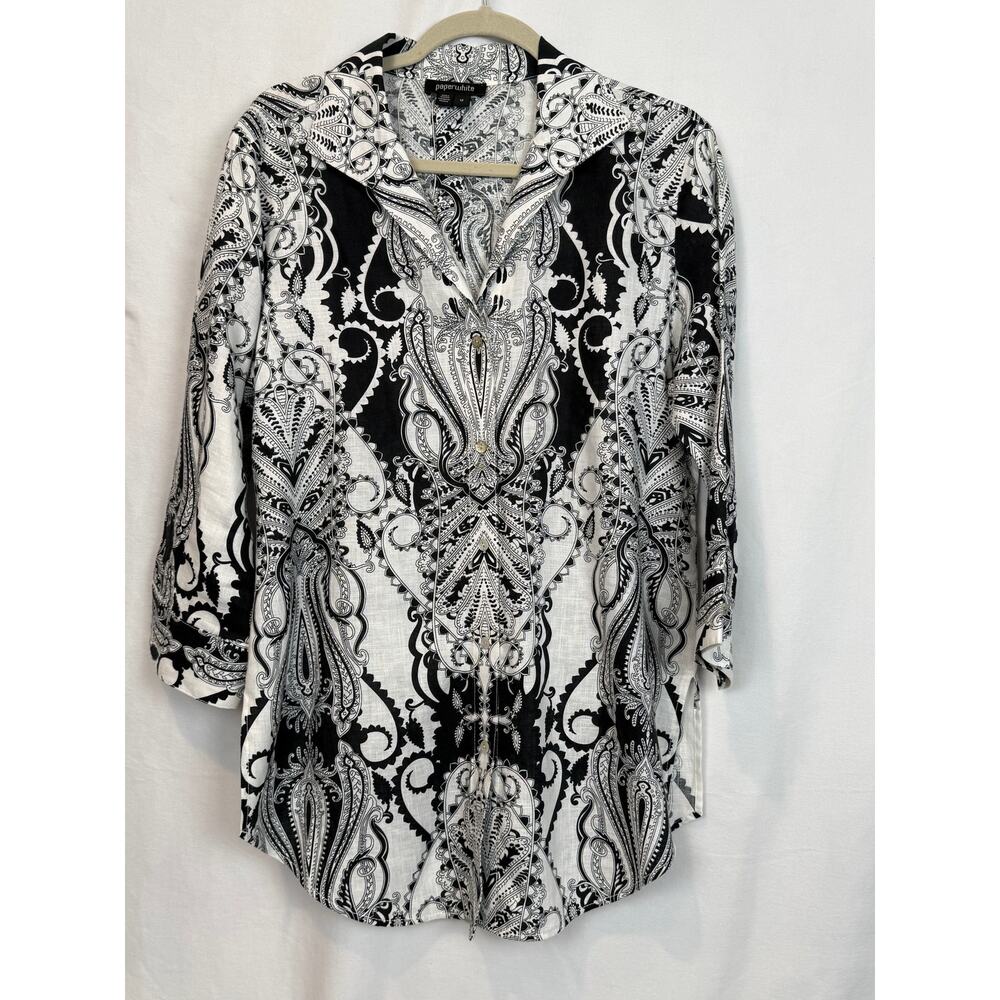 Paperwhite 100% Linen Paisley Tunic Blouse Women 12 Black White